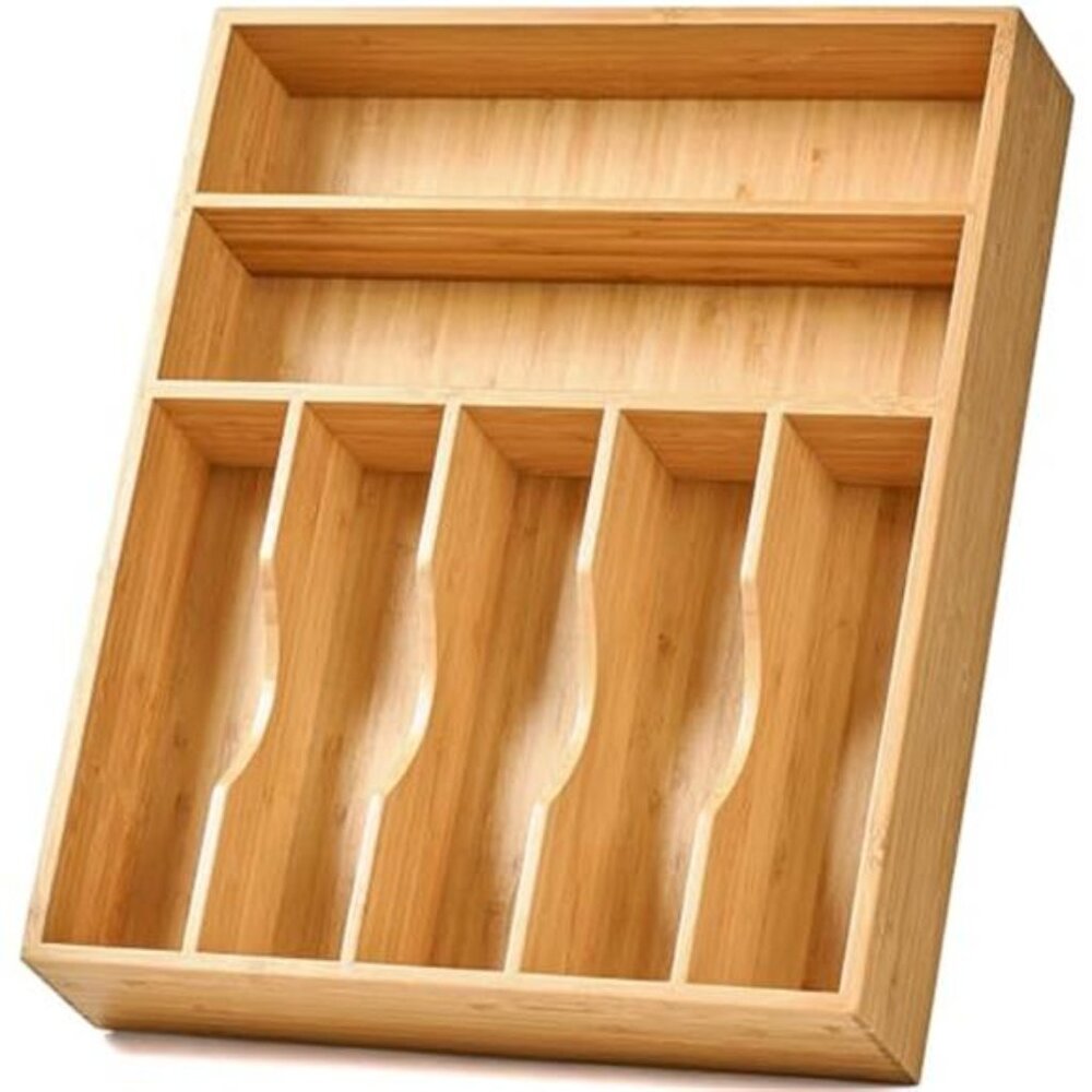 Bamboo Drawer Organizer Kitchen Utensil Tray Silverware Cutlery Holder 7 Slot